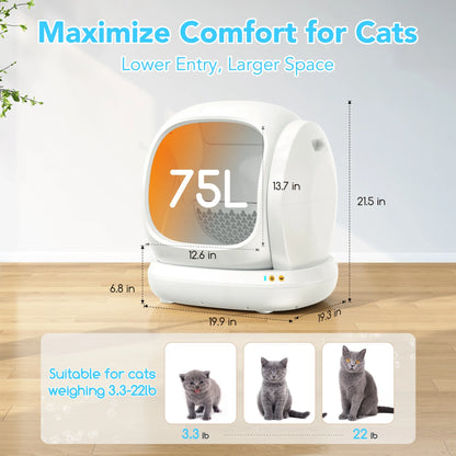 75L Smart Automatic Self-Cleaning Cat Litter Box, APP Control/Integrated Safety Protection,White