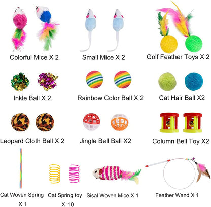 32Pcs Cat Toys Kitten Interactive Pet Toys Assortments, Foldable Rainbow Tunnel, Teaser Wand Fluffy Mouse Crinkle Balls Bell Play for Puppy Kitty (3 Way)