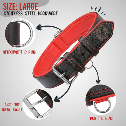 Riparo Dog Collars for Medium Dogs, Genuine Leather Dog Collar, Medium Dog Collar (M: 1" Wide for 13.5”-17.5” Neck, Black/Red Thread)